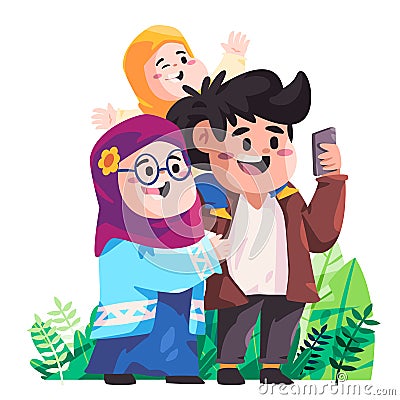 Selfie family together husband wife and kids children illustration colorful make video call camera phone Cartoon Illustration
