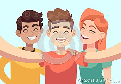 Selfie with friends. Friendly smiling teenagers taking group photo portrait. Happy people vector cartoon characters Vector Illustration