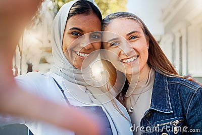 Selfie, friends and girls, hug and outdoor with happiness, reunion and cheerful together. Portrait, muslim women and Stock Photo