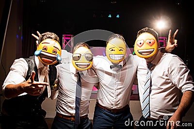 Selfie friends group bachelor party men emoji mask Stock Photo