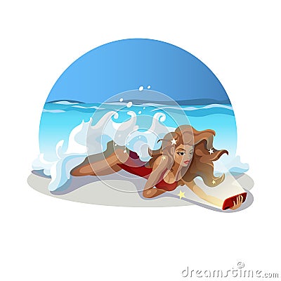 Selfie girl lies on the beach. Cartoon Illustration