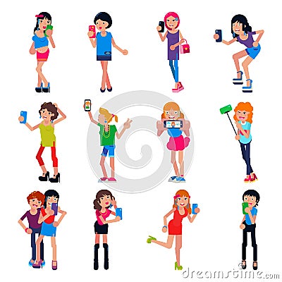 Selfie girl vector beautiful woman character photographing herself on smartphone camera illustration set of fashion Vector Illustration