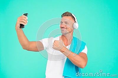 Selfie in gym concept. Healthy lifestyle. Gym aesthetics. Mature but still in good shape. Exercising in gym for better Stock Photo