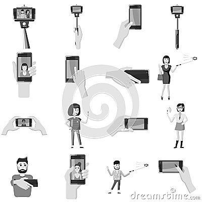 Selfie icons set, gray monochrome style Vector Illustration