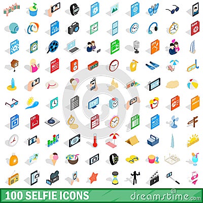 100 selfie icons set, isometric 3d style Vector Illustration