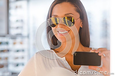 Selfie in optic store. Stock Photo