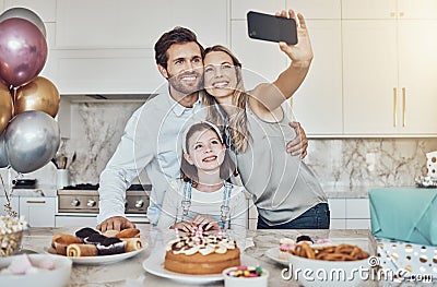 Selfie, parents or girl in celebration of a happy birthday in house party or kitchen with popcorn or cake. Mother Stock Photo