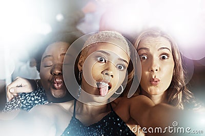 Selfie, party and disco women or friends in nightclub for celebration, social media and fashion event. Influencer people Stock Photo