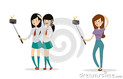 Selfie people isolated vector illustration character photo lifestyle set hipster smart flat camera smartphone person Vector Illustration