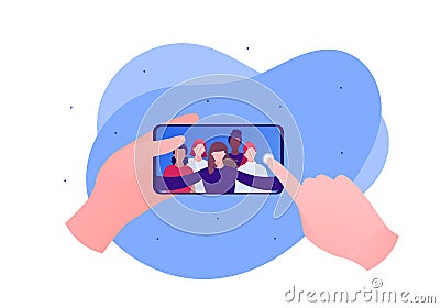 Selfie photo concept. Vector flat person illustration. Hand holding smartphone. Group of women on device screen. Friendship, fun Vector Illustration