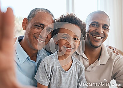 Selfie portrait, grandfather and kid with dad in home living room, bonding or having fun. Family, happiness and boy with Stock Photo