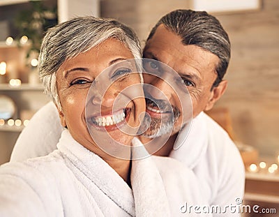 Selfie, portrait and love with old couple in spa for anniversary, celebration and social media. Relax, massage and Stock Photo