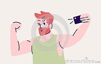 Selfie pose flat vector illustration. Happy man take self photo and show muscles. Strong male makes portrait. Guy taking Vector Illustration