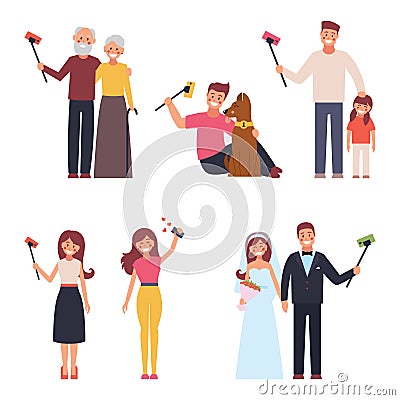 Selfie set. A family. Different people, bright clothes in a simple style, vector illustration on a white isolated background Vector Illustration