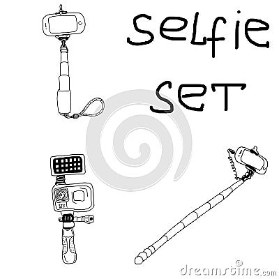 Selfie set three types of cameras and monopods for shooting on a white background Stock Photo