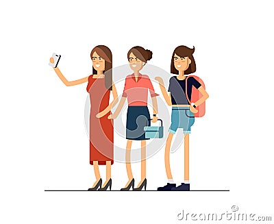 Selfie shot of three young stylish girls. Vector Illustration
