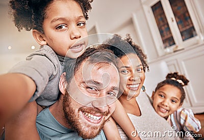 Selfie, smile and piggyback with a blended family in their home together for love, fun or bonding closeup. Portrait Stock Photo