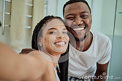 Selfie, smile and portrait of an African couple with love, home memory and happy in marriage. Smile, happiness and black Stock Photo