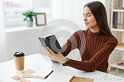 selfie smile student young learning phone girl blogger laptop education Stock Photo
