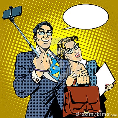 Selfie stick businessman and businesswoman photo Vector Illustration