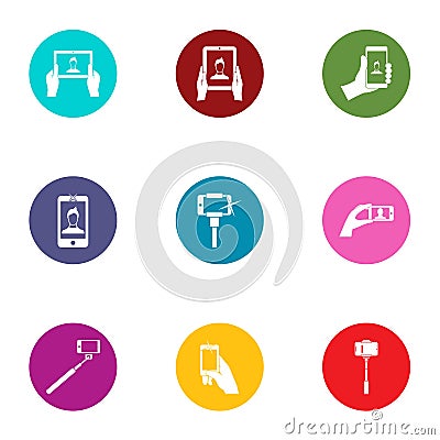 Selfie stick icons set, flat style Vector Illustration