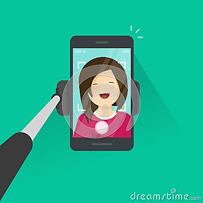 Selfie stick and smartphone making photo of yourself vector illustration, flat cartoon young happy girl with mobile Vector Illustration