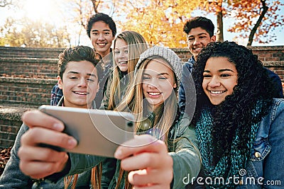 Selfie, youth or friends in park for social media, online post or profile picture in autumn or nature. Smile, teenage Stock Photo