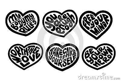 Selflove black groovy lettering in hearts shape Stock Photo