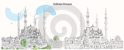 Selimiye Mosque Edirne Turkey. Hand drawing vector illustration line art. Art of the great architect Sinan Vector Illustration