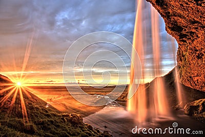 Seljalandfoss Waterfall at Sunset, Iceland Stock Photo