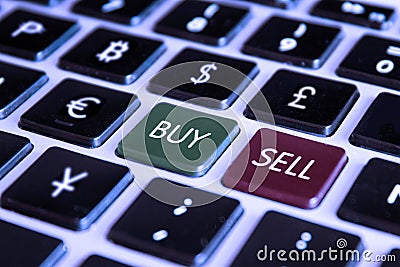 Sell Buy Market Trading Computer Keyboard with Forex Currencies Stock Photo