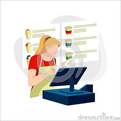 Seller with cash register at coffee shop. Female character in apron at workplace in cafe. Cute woman works in catering Vector Illustration