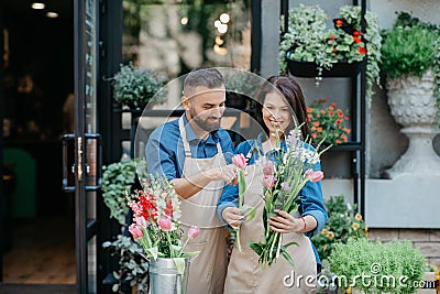 Seller creating fresh new bouquet for birthday, festal, anniversary or date at workplace Stock Photo