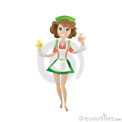 Seller of fresh sweet ice cream, in branded clothes, sarafan. Vector Illustration