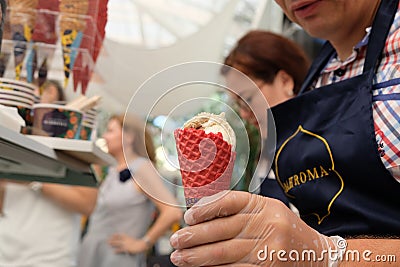 Almaty / Kazakhstan - 08.08.2018 : Shopping stalls selling ice cream with different fillings and flavors Editorial Stock Photo