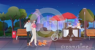 seller in mask standing near small street food market with cupcakes and coffee in urban park night cityscape background Vector Illustration