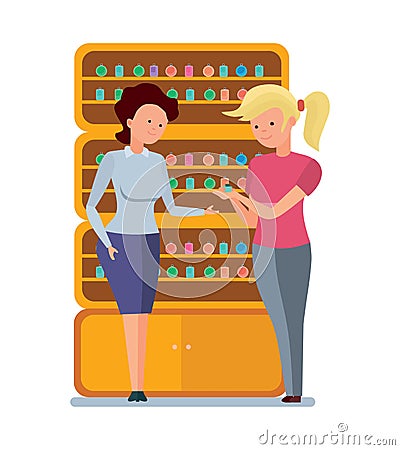 Seller of perfumes, offers options, demonstrates perfume to client. Vector Illustration