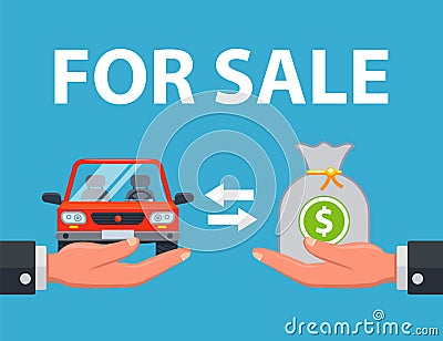 The seller sells the car to the buyer for money. Vector Illustration