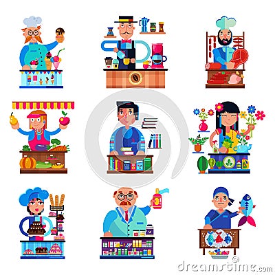 Seller vector salesman character selling in bookshop candyshop or coffeeshop and butcher or baker in stall illustration Vector Illustration