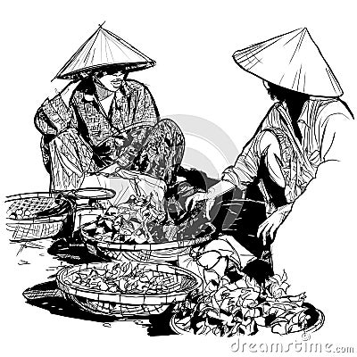 Sellers on the local market in Vietnam Vector Illustration