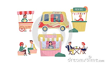 Sellers Man and Woman Characters Standing At the Counter Servicing Customers Vector Illustrations Vector Illustration