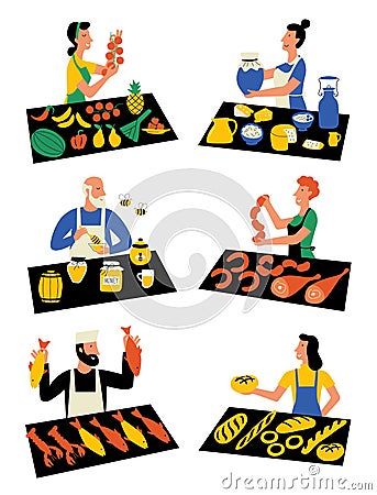 Sellers on marketplace, cartoon characters. Seasonal outdoor market, street food festival. Vector flat illustration, isolated on Cartoon Illustration