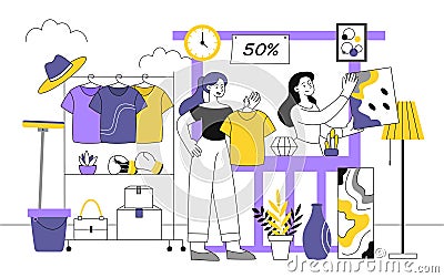 Selling clothes flea market vector line concept Vector Illustration