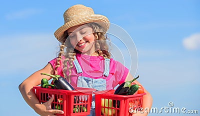 Selling homegrown food concept. Natural vitamin nutrition. Organic vegetables. Girl cute child farming. Gathering Stock Photo