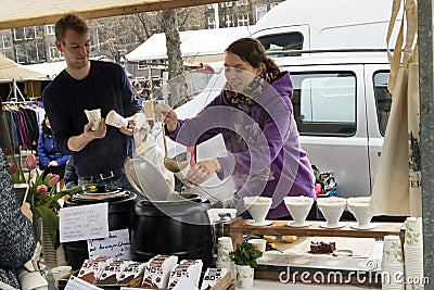 Selling homemade soup at the market Editorial Stock Photo