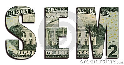 SEM Search Engine Marketing Abbreviation Word 20 US Real Dollars Bill Banknote Money Texture on White Background Stock Photo