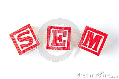 SEM Search Engine Marketing - Alphabet Baby Blocks on white Stock Photo