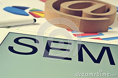 SEM, for Search Engine Marketing, in the screen of a tablet Stock Photo