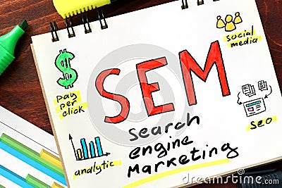 SEM written in a notebook. Stock Photo