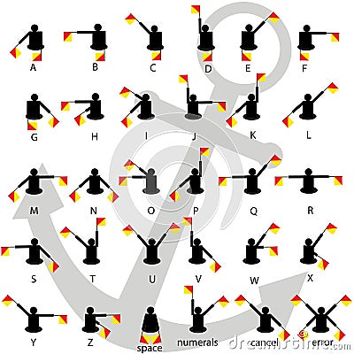 Semaphore flag signals alphabet white background with anchor vector. Vector Illustration